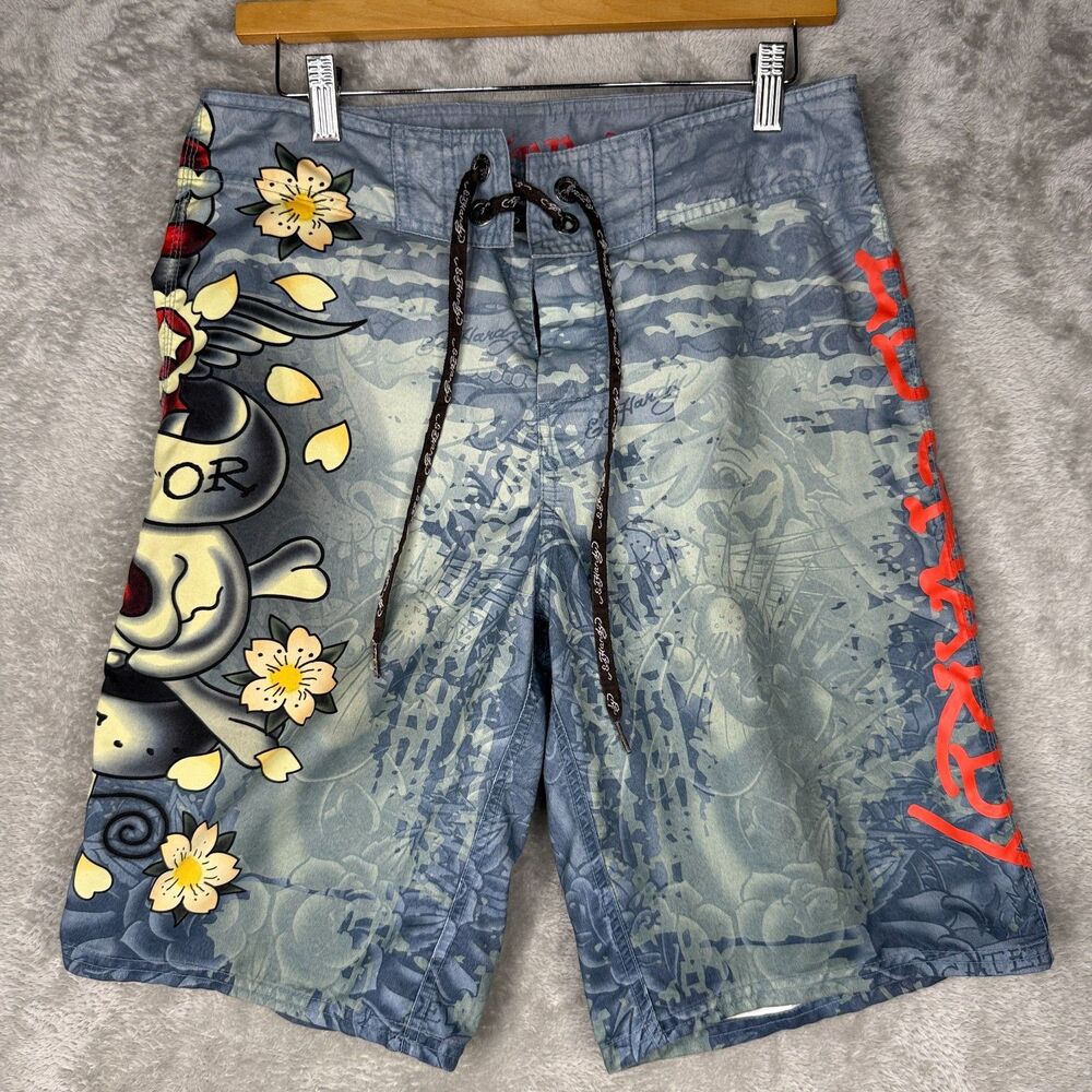 Ed Hardy Board Shorts Men 31 Blue Skull Do Or Die Flowers Beach Y2K Swim Unlined